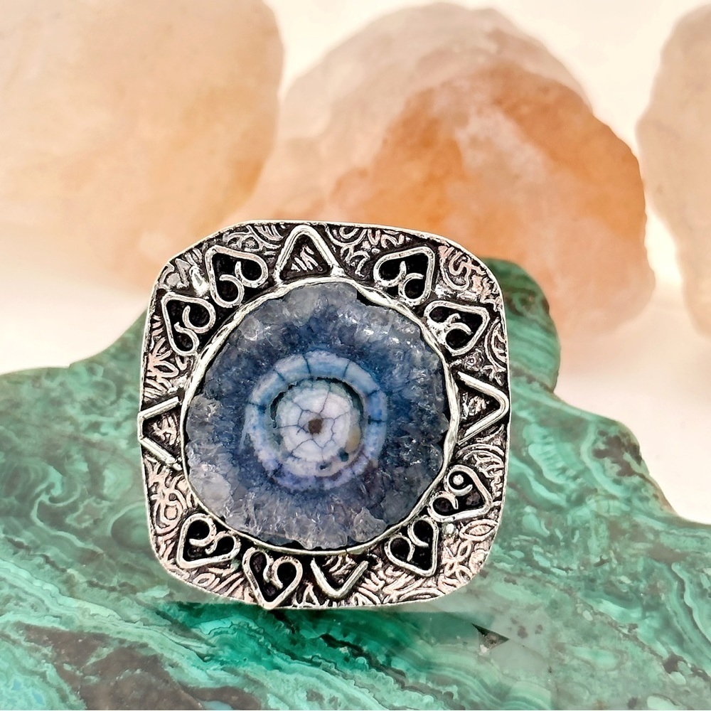 Large Blue Solar Quartz Artisan 925 Silver Ring